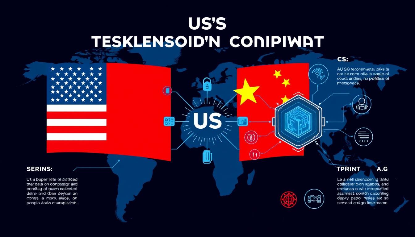 Persaingan teknologi AS-Cina yang divisualisasikan dengan bendera kedua negara dan simbol teknologi