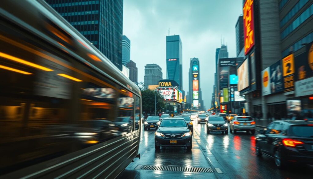 A busy cityscape on a rainy day, with the Doppler effect visually represented. In the foreground, a passing train emits a high-pitched whistle, its sound waves elongating and shifting as it speeds by. In the middle ground, cars and pedestrians move at varying speeds, their engine noises and footsteps distorting accordingly. In the background, skyscrapers and billboards fade into the distance, their lights and colors blurring and shifting. The scene is illuminated by a mix of warm streetlights and cool, rainy overcast lighting, creating a moody, cinematic atmosphere that emphasizes the ubiquity of the Doppler effect in daily life.