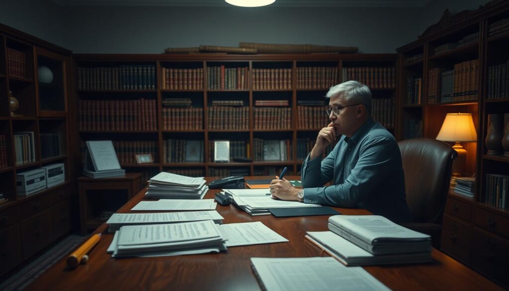 A dimly lit office setting, with a large wooden desk at the center. On the desk, various financial documents and ledgers are neatly organized, signifying careful record-keeping. In the background, shelves filled with Islamic books and scrolls suggest a focus on Sharia-compliant financial practices. Soft, warm lighting casts a serene, contemplative atmosphere, as a knowledgeable financial advisor sits at the desk, deep in thought, considering the best Sharia-based solutions to manage debts and receivables. The scene conveys a sense of order, control, and a commitment to ethical financial principles.