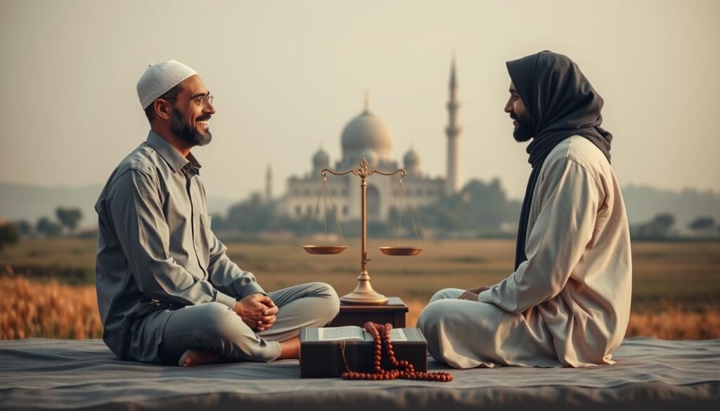 A serene and tranquil scene depicting the resolution of financial debt through Islamic principles. In the foreground, two individuals sit cross-legged, engaged in a respectful dialogue, their expressions conveying understanding and compromise. The middle ground features symbolic elements of Islamic finance, such as a Quran, prayer beads, and a scale representing the balance of rights and obligations. The background showcases a peaceful, muted landscape with a mosque or Islamic architectural structure, suggesting the spiritual and communal aspects of the debt resolution process. The lighting is soft and diffused, creating an atmosphere of harmony and contemplation. The composition is well-balanced, with a sense of depth and perspective that draws the viewer into the scene.