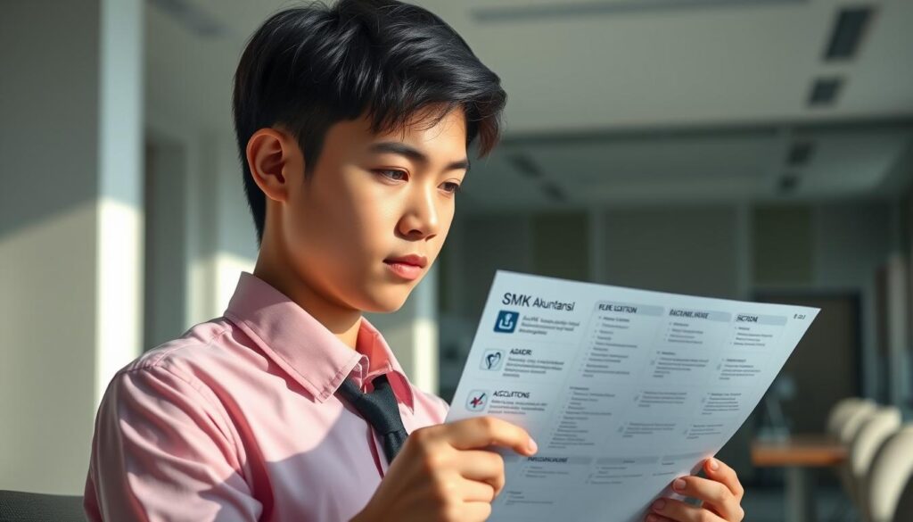 A well-lit, high-resolution image of a young person, dressed formally, carefully considering a career map or diagram of different SMK Akuntansi (Accounting Vocational High School) majors, with a focused, contemplative expression. The background is a modern, minimalist office setting, with clean lines and neutral colors that allow the subject to stand out. The lighting is soft and natural, creating depth and dimension. The composition balances the subject in the foreground with the informative career map in the middle ground, suggesting the thought process of selecting the right accounting-related major. An atmosphere of thoughtfulness and determination pervades the scene.