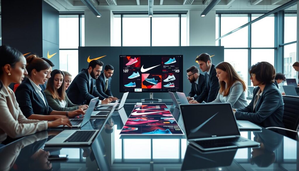 A dynamic digital strategy implementation scene showcasing the Nike brand in a modern workspace. In the foreground, a diverse group of professional individuals, all dressed in smart business attire, collaborates around a high-tech table with laptops and digital devices displaying graphs and data analytics. In the middle, there is a large screen featuring vibrant visuals of Nike's latest marketing campaigns and product launches. The background reveals a sleek, modern office environment with Nike branding elements such as iconic sneakers and the swoosh logo strategically placed. Bright, natural light floods through large windows, creating an energetic and optimistic atmosphere. The angles are slightly elevated to capture the teamwork and innovation at play, highlighting Nike's success in navigating digital competition.
