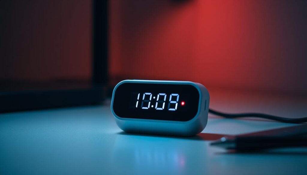 A minimalist digital timer interface, glowing softly against a dimly lit backdrop. The display shows a simple Pomodoro timer counting down, with a pulsing LED indicator providing visual feedback. The interface is clean and uncluttered, with only the essential controls and elements needed for a focused work session. The overall aesthetic is modern and sleek, with a calming, subdued color palette that promotes concentration. The scene is captured from a slightly elevated angle, creating a sense of depth and emphasizing the compact, portable nature of this alternative Pomodoro solution. A minimalist digital timer interface, glowing softly against a dimly lit backdrop. The display shows a simple Pomodoro timer counting down, with a pulsing LED indicator providing visual feedback. The interface is clean and uncluttered, with only the essential controls and elements needed for a focused work session. The overall aesthetic is modern and sleek, with a calming, subdued color palette that promotes concentration. The scene is captured from a slightly elevated angle, creating a sense of depth and emphasizing the compact, portable nature of this alternative Pomodoro solution.