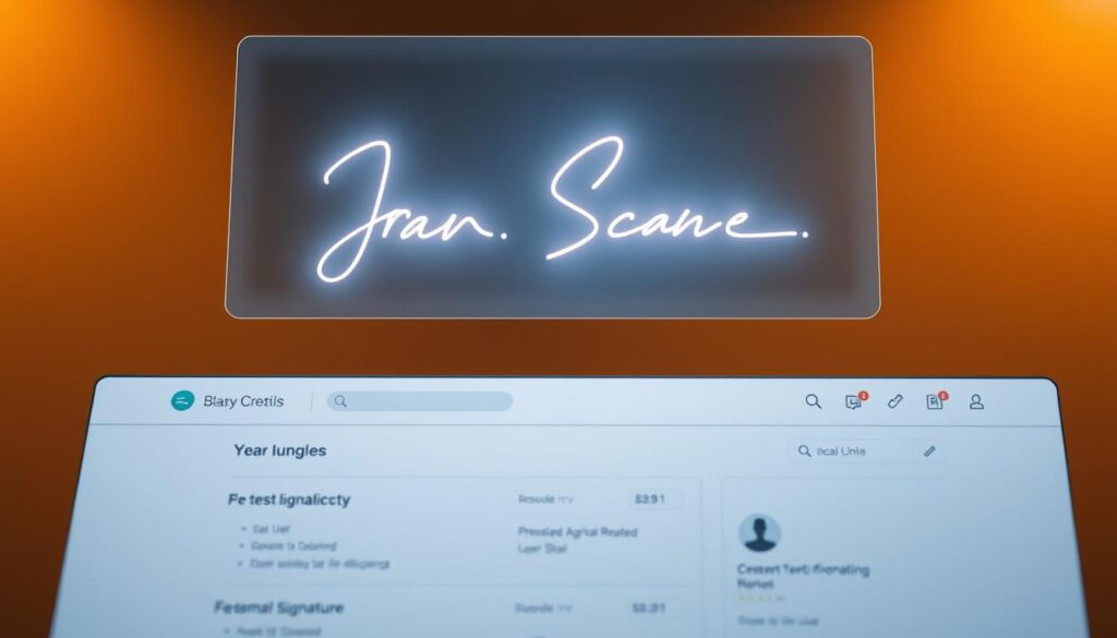 A professional-looking digital signature floats above a modern business notification interface. The signature is rendered in a sleek, elegant font with subtle gradients, casting a soft glow. Below, the notification panel displays crisp, well-organized information with clean typography and thoughtful iconography. The overall aesthetic is minimal, polished, and optimized for productivity, conveying a sense of efficiency and professionalism. Warm but muted lighting illuminates the scene, creating depth and balance. The composition is carefully structured to draw the eye through the various elements, highlighting the key features of a smart, streamlined business workflow. A professional-looking digital signature floats above a modern business notification interface. The signature is rendered in a sleek, elegant font with subtle gradients, casting a soft glow. Below, the notification panel displays crisp, well-organized information with clean typography and thoughtful iconography. The overall aesthetic is minimal, polished, and optimized for productivity, conveying a sense of efficiency and professionalism. Warm but muted lighting illuminates the scene, creating depth and balance. The composition is carefully structured to draw the eye through the various elements, highlighting the key features of a smart, streamlined business workflow.