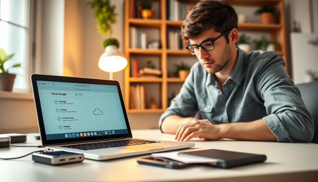 A serene home office setting, featuring an open laptop displaying storage settings for iOS 17 on the screen, with a focus on optimization tips. In the foreground, a person in smart casual attire, deeply focused on the laptop, surrounded by neatly organized tech gadgets, like external hard drives and cloud symbols. In the middle, a bright desk lamp casts a warm glow, highlighting notes with storage optimization strategies. In the background, soft-focus shelves lined with books and plants create a calming atmosphere. The lighting is bright yet cozy, suggestive of a productive workspace. The overall mood is one of organized efficiency and clarity, perfect for tech enthusiasts looking to manage their iOS storage effectively.