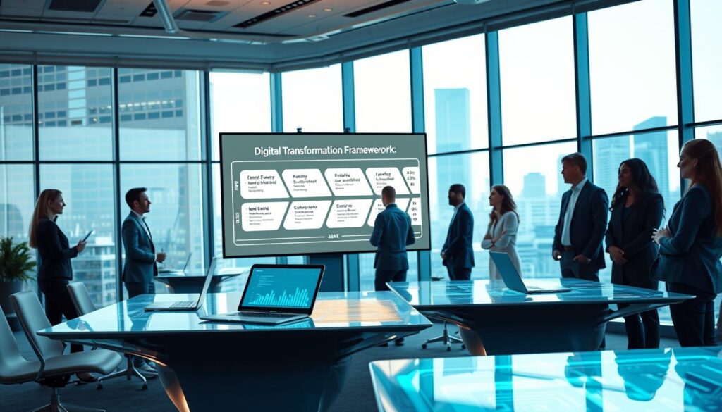 A vibrant, modern office environment illustrating a digital transformation framework. In the foreground, a diverse group of professionals in business attire are engaged in dynamic discussions around an interactive digital screen displaying a five-step strategy for digital implementation. In the middle ground, sleek, futuristic tables with laptops and digital devices showcase analytics and graphs, symbolizing data analysis. The background features large windows with a cityscape view, reflecting innovation and modernity. Soft, ambient lighting creates a focused yet inspiring atmosphere. The composition should capture a sense of collaboration, urgency, and forward-thinking, creating a balance between professionalism and creativity in the digital landscape.