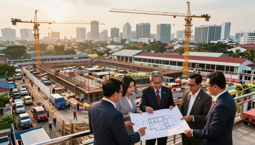 A bustling urban scene depicting the "Proyek Pasar Cinde," showcasing a modern market complex under construction in Palembang, Indonesia. In the foreground, a group of business professionals in formal attire discuss project plans, pointing at architectural blueprints. The middle ground features workers in hard hats actively building the market, with cranes and scaffolding visible. The background reveals the vibrant city skyline, bathed in golden hour lighting, creating a warm, optimistic atmosphere. Capture the details of the construction materials and vehicles, emphasizing a sense of progress and development. Use a slightly elevated angle to give a comprehensive view of the scene, ensuring the image conveys professionalism and the significance of the project.