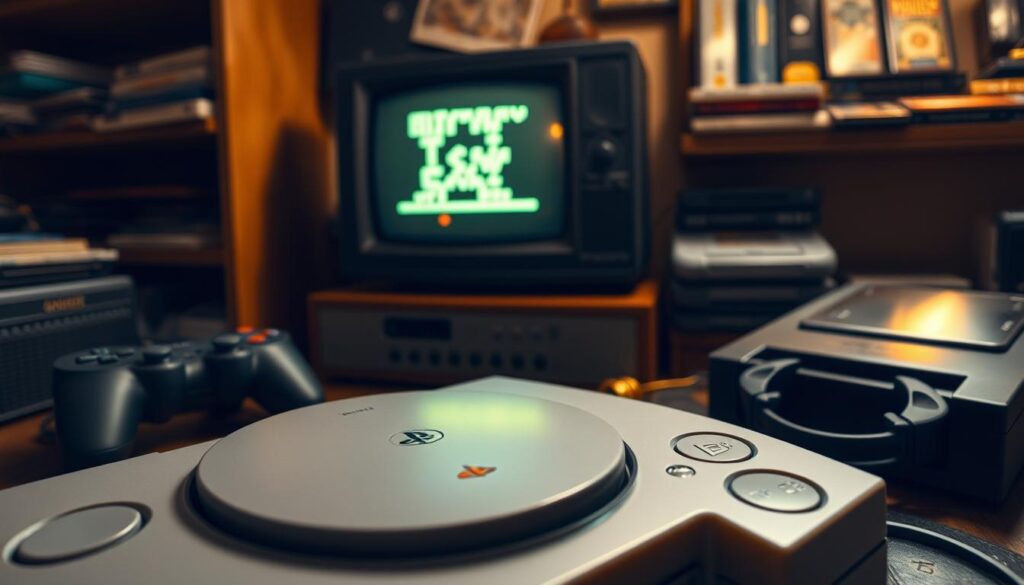 A detailed, close-up scene of a retro gaming setup highlighting a PlayStation 1 console. In the foreground, display a classic PS1 console with an open lid revealing a game disc inside, with subtle reflections on its smooth surface. The middle ground features an old-school CRT television showing a pixelated game screen, illuminated by a soft, warm light. Surrounding the setup, include various gaming accessories like controllers, a pair of headphones, and a stack of game cartridges. In the background, dimly lit shelves display more vintage gaming memorabilia. The atmosphere should evoke nostalgia, with a cozy, inviting feel, utilizing warm golden tones and soft shadows to create a vintage ambiance.
