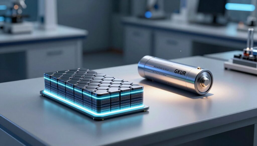 A detailed comparison of graphene and lithium-ion battery technology, displayed side by side on a sleek modern table. In the foreground, a high-tech graphene battery showcasing its layered structure and conductivity with glowing edges, highlighting its advanced design. In the middle ground, a traditional lithium-ion battery contrasting with its cylindrical shape and standard features. The background features a clean, futuristic laboratory environment with dim ambient lighting and bright spotlights illuminating the batteries, creating a high-tech atmosphere. The mood is innovative and dynamic, symbolizing the future of energy storage technology. The angle of the shot is slightly elevated to capture both batteries effectively. No text or watermarks present. A detailed comparison of graphene and lithium-ion battery technology, displayed side by side on a sleek modern table. In the foreground, a high-tech graphene battery showcasing its layered structure and conductivity with glowing edges, highlighting its advanced design. In the middle ground, a traditional lithium-ion battery contrasting with its cylindrical shape and standard features. The background features a clean, futuristic laboratory environment with dim ambient lighting and bright spotlights illuminating the batteries, creating a high-tech atmosphere. The mood is innovative and dynamic, symbolizing the future of energy storage technology. The angle of the shot is slightly elevated to capture both batteries effectively. No text or watermarks present.