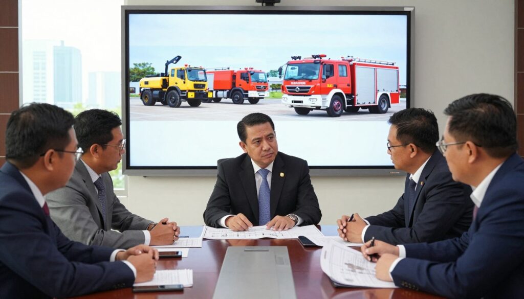 A detailed, professional scene depicting a government procurement meeting focused on heavy equipment and firetruck supplies for West Java. In the foreground, a group of five individuals in business attire discuss over blueprints and project documents on a polished conference table. Their expressions are serious, reflecting the gravity of the topic. The middle ground features a large screen displaying images of heavy machinery and firetrucks. The background includes a large window with a cityscape view, suggesting an urban environment. The lighting is bright and natural, illuminating the room, with soft shadows adding depth. The mood is tense yet focused, suitable for a decisive meeting about public resource allocation.