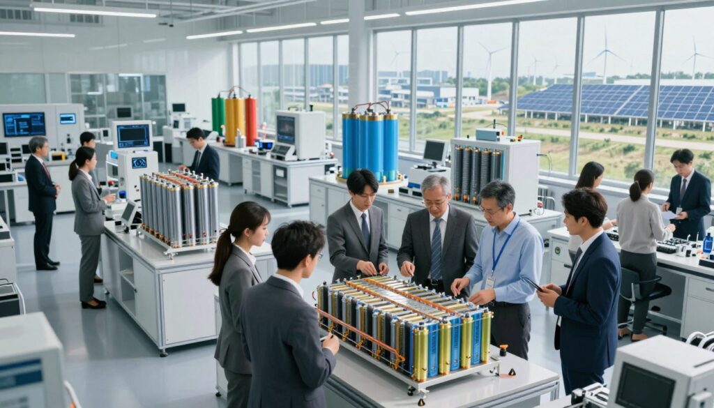 A futuristic scene showcasing the challenges of mass production in energy storage technology. In the foreground, a diverse group of engineers, dressed in professional business attire, analyzes graphene battery prototypes in a sleek, modern research lab filled with high-tech equipment. The middle ground features various battery designs and energy storage systems, showcasing cutting-edge technology and intricate details. In the background, large windows reveal an industrial landscape, with factories and renewable energy sources like wind turbines and solar panels, under a bright, inspiring natural light. The atmosphere is focused and innovative, with a sense of urgency and ambition as these professionals strive to overcome production hurdles in the energy sector. The image should evoke a sense of progress and collaboration within the realm of advanced energy storage solutions. A futuristic scene showcasing the challenges of mass production in energy storage technology. In the foreground, a diverse group of engineers, dressed in professional business attire, analyzes graphene battery prototypes in a sleek, modern research lab filled with high-tech equipment. The middle ground features various battery designs and energy storage systems, showcasing cutting-edge technology and intricate details. In the background, large windows reveal an industrial landscape, with factories and renewable energy sources like wind turbines and solar panels, under a bright, inspiring natural light. The atmosphere is focused and innovative, with a sense of urgency and ambition as these professionals strive to overcome production hurdles in the energy sector. The image should evoke a sense of progress and collaboration within the realm of advanced energy storage solutions.