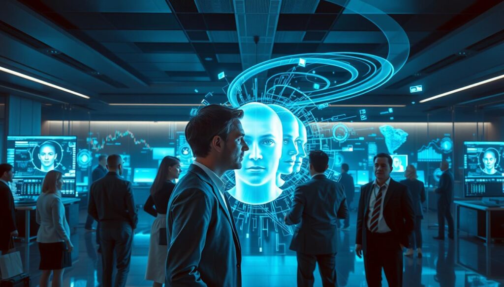 A high-tech digital landscape illustrating the concept of "deepfake detection." In the foreground, a diverse group of professionals, dressed in smart business attire, interacts with modern screens that display intricate algorithms and facial recognition interfaces. In the middle ground, digital representations of faces morphing and blending into each other, emphasizing the technology's deceptive nature. The background features a sleek, futuristic office environment with glowing data streams and holographic graphs swirling around, creating an atmosphere of urgency and innovation. Soft blue and green lighting illuminates the scene, casting dramatic shadows and highlighting the tension of the subject matter, reflecting a sense of vigilance in safeguarding against digital manipulation.