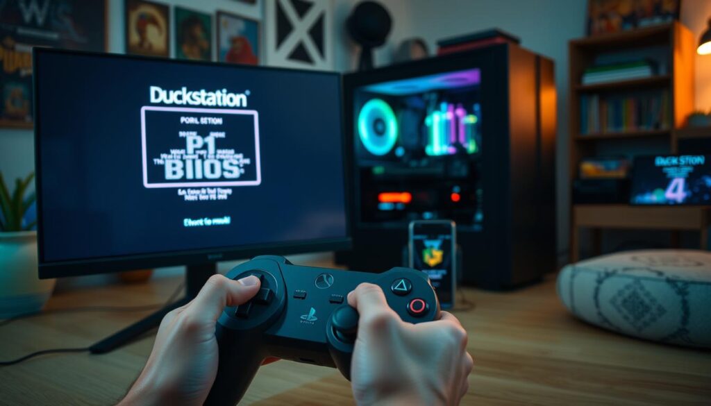 A modern, sleek gaming setup featuring a high-resolution monitor displaying the DuckStation PS1 BIOS interface. In the foreground, a pair of hands is interacting with a classic PlayStation controller, showcasing the nostalgic design. In the middle ground, a stylish gaming PC is visible with RGB lighting illuminating the internal components, while a smartphone displays the DuckStation app on its screen, indicating compatibility with mobile devices. The background features a cozy room filled with retro gaming memorabilia, like vintage game cases and a small bookshelf. Soft, ambient lighting creates a warm atmosphere, while a slight bokeh effect emphasizes the monitor and controller in focus, highlighting the connection between modern technology and classic gaming.