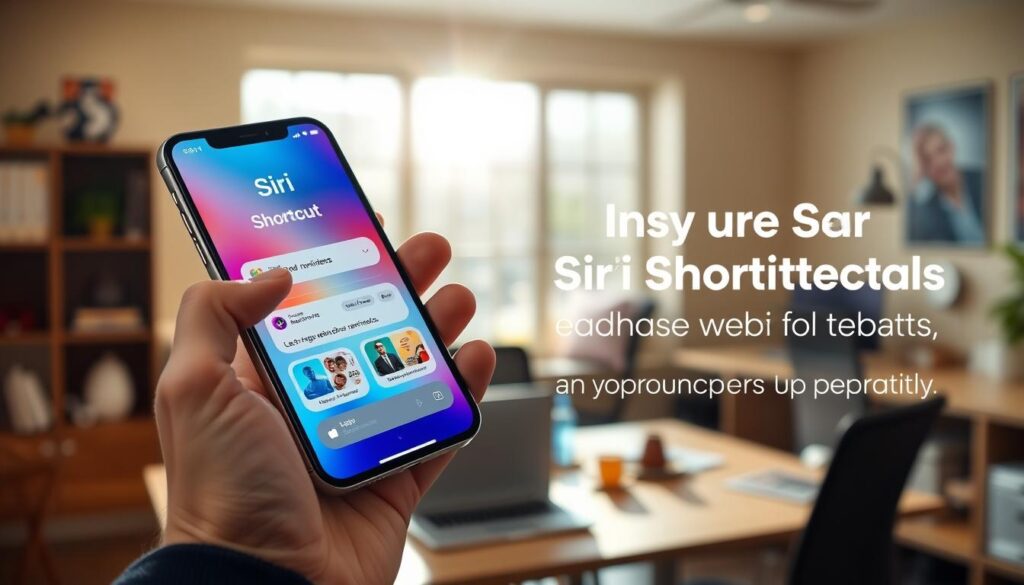 A sleek and modern iPhone displaying the Siri interface, showcasing the Shortcut feature in a clear and engaging manner. The foreground features the iPhone held in a person's hand, dressed in smart casual attire, with focused fingers poised to tap on the Shortcut icon. In the middle, the iPhone’s screen shows vibrant colors and well-defined graphics of various shortcuts like logging and reminders. The background features a softly blurred workspace with a warm, inviting atmosphere, illuminated by natural light streaming through a nearby window. A subtle lens flare adds a touch of warmth, evoking a sense of productivity and efficiency. The overall mood is encouraging and empowering, inspiring readers to utilize Siri shortcuts effectively.