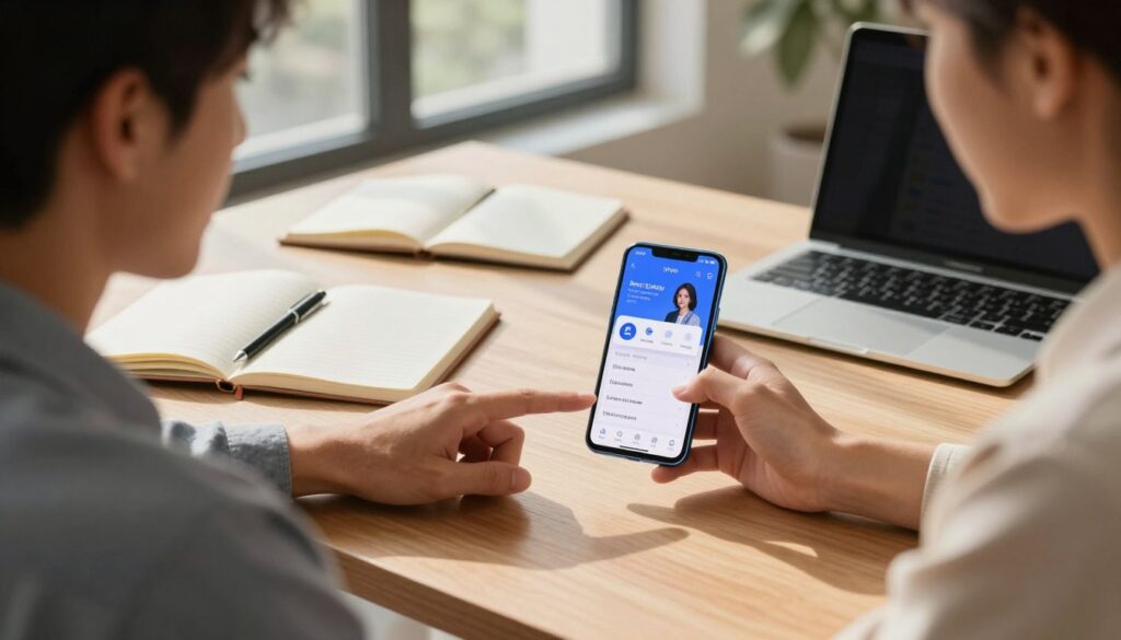 A modern workspace featuring a stylish desk with a sleek Vivo smartphone prominently displayed, surrounded by essential study materials like notebooks, pens, and a laptop. In the background, a large window lets in warm, natural light, casting soft shadows that create a cozy atmosphere. The smartphone screen shows an app interface for student productivity, symbolizing smart choices. Include a young adult in professional casual attire, intently evaluating the smartphone's features with a thoughtful expression. The overall vibe is focused and inspirational, ideal for students making informed decisions about their smartphone choices. Use a slightly elevated angle to capture the entire setup, emphasizing the harmony between the phone and study environment.
