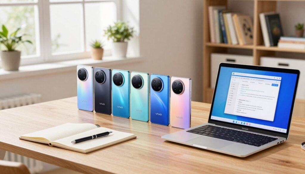 A scene showcasing a lineup of stylish Vivo smartphones ideal for students and learners, arranged neatly on a modern wooden desk. In the foreground, an open laptop with a vibrant study interface, alongside a notepad and pen, creating a productive study environment. In the middle, several Vivo smartphones in diverse colors and models, highlighting their sleek designs and features. The background features a bright, airy room with large windows letting in natural light, decorated with potted plants and shelves full of books, promoting a motivating atmosphere. The composition should evoke a sense of focus and innovation, with soft lighting enhancing the vibrant colors of the smartphones. Capture the image from a slightly elevated angle to emphasize the mobile devices' details without overcrowding the scene.