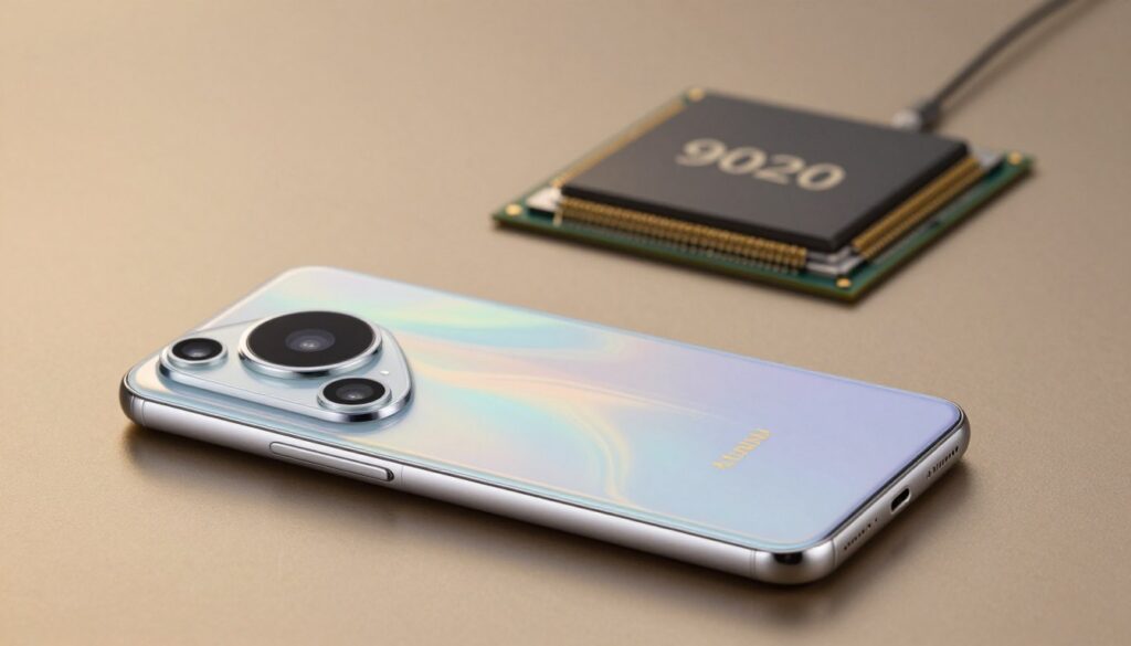 A sleek Huawei Pura 80 Pro smartphone prominently displayed in the foreground, showcasing its elegant design and vibrant display. In the background, a softly blurred representation of the industry-standard Kirin 9020 chipset, symbolizing high performance and cutting-edge technology. The scene is set with warm, ambient lighting that highlights the glossy finish of the phone, giving it a premium feel. The composition is shot from a slightly elevated angle to emphasize the phone's screen and its sleek contours. The mood is sophisticated and tech-oriented, capturing the essence of innovation and modern digital experience, without any text or annotations.